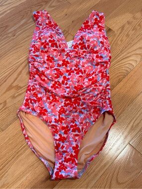 J. Crew Red and Pink Floral One-Piece Swimsuit with Light Blue Accents